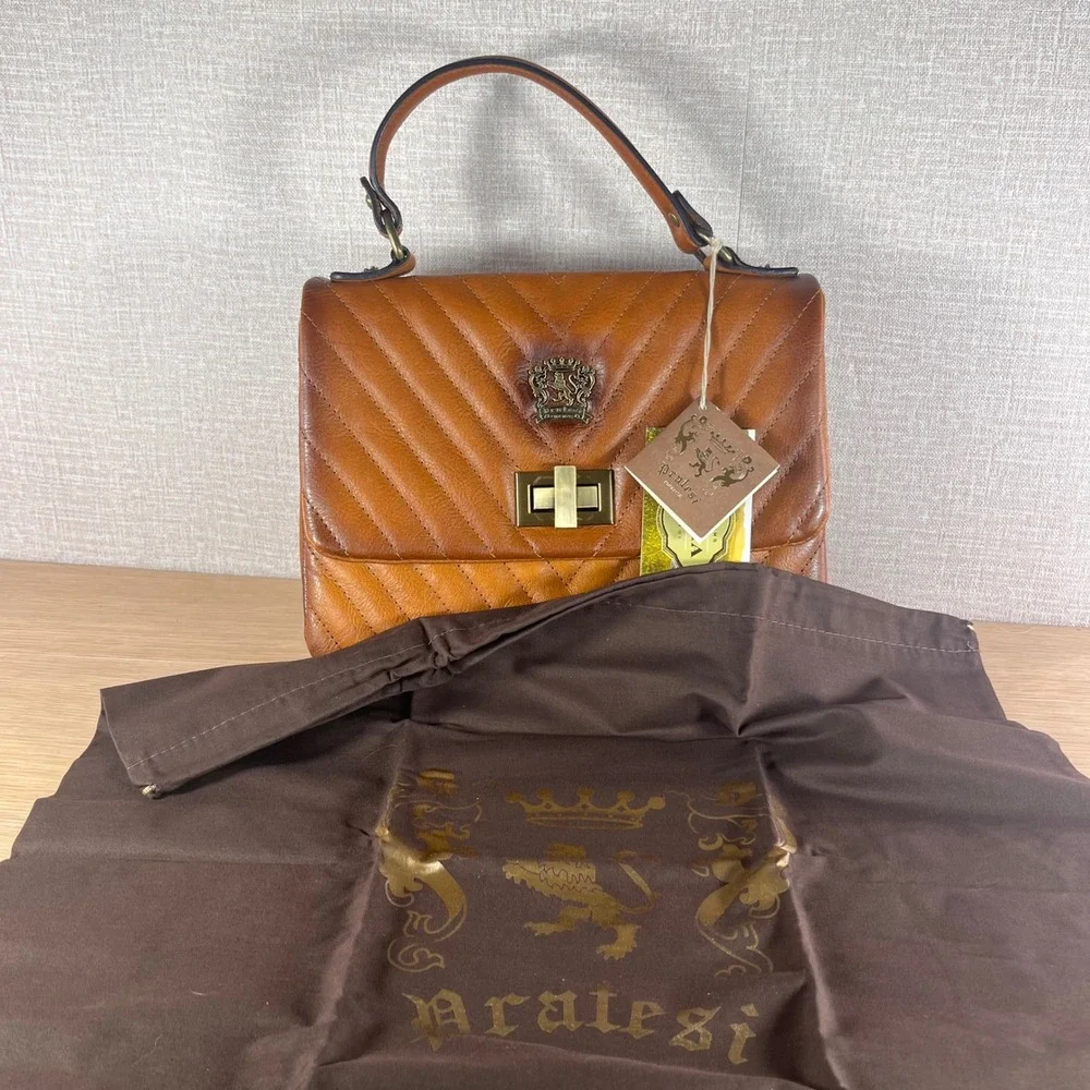 Pratesi Firenze Italian Leather Quilted Handbag Cognac Brown Lion Crest NWT